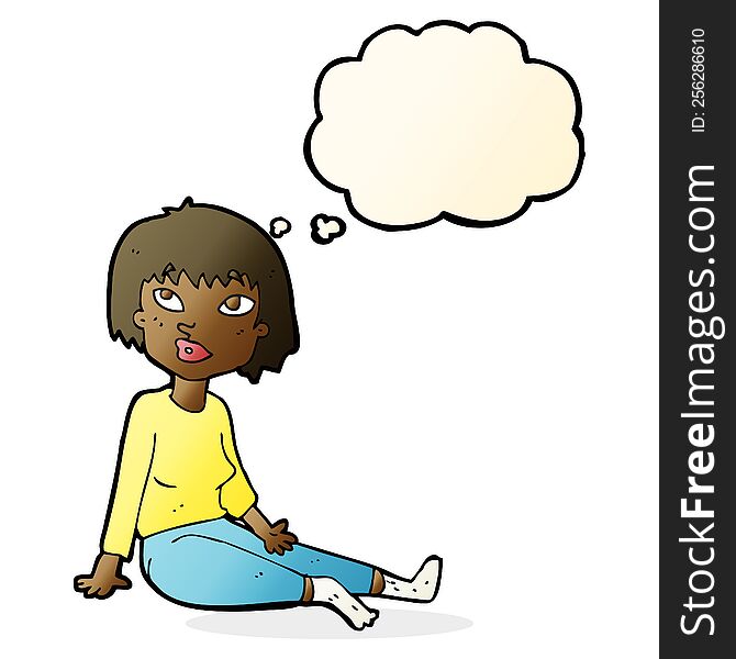 Cartoon Woman Sitting On Floor With Thought Bubble