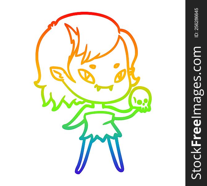 Rainbow Gradient Line Drawing Cartoon Friendly Vampire Girl With Skull