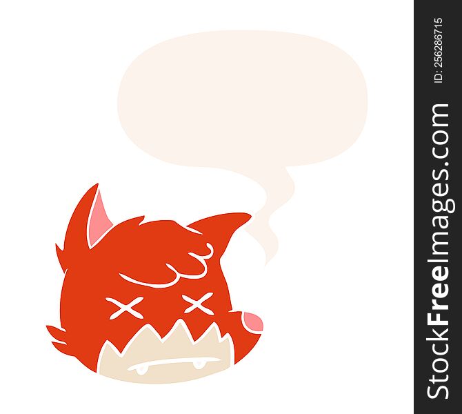 cartoon dead fox face with speech bubble in retro style