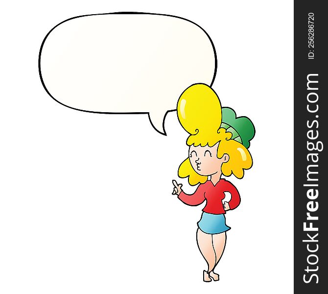 Cartoon Woman And Big Hair And Speech Bubble In Smooth Gradient Style