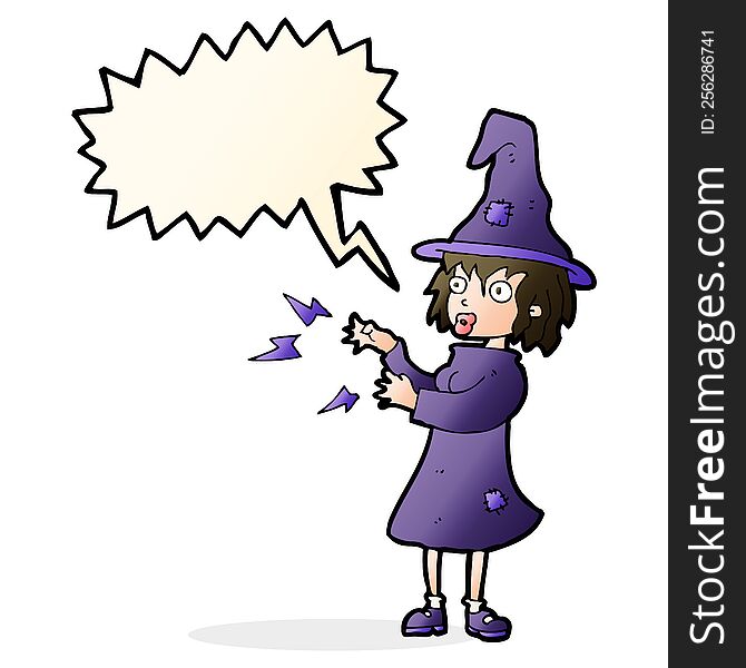 cartoon witch casting spell with speech bubble