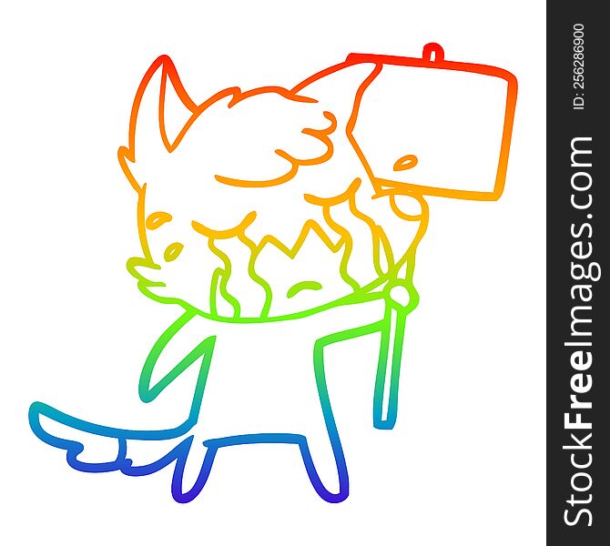 rainbow gradient line drawing of a crying fox cartoon with placard