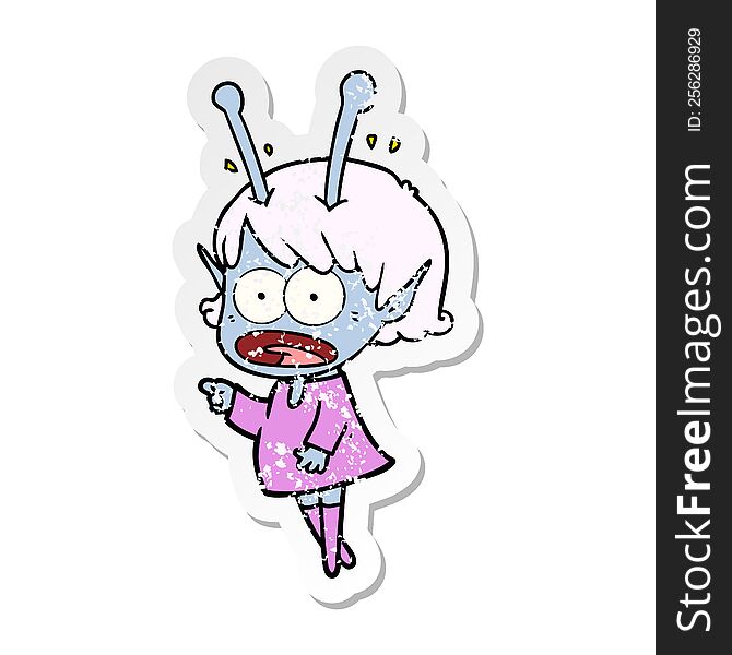 distressed sticker of a cartoon shocked alien girl