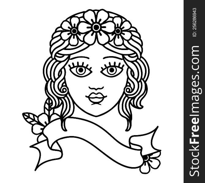 traditional black linework tattoo with banner of female face with crown of flowers