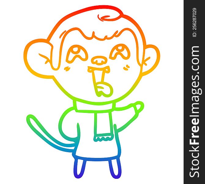 Rainbow Gradient Line Drawing Crazy Cartoon Monkey Wearing Scarf