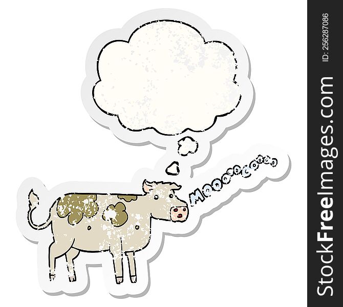 cartoon cow with thought bubble as a distressed worn sticker
