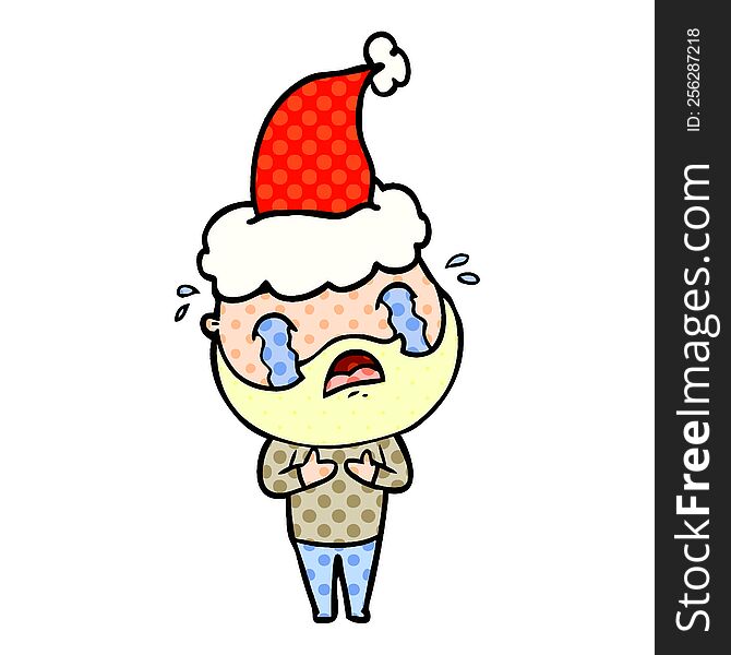 Comic Book Style Illustration Of A Bearded Man Crying Wearing Santa Hat