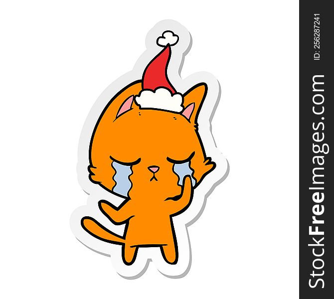 crying sticker cartoon of a cat wearing santa hat