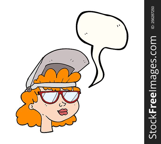 Freehand drawn speech bubble cartoon woman with welding mask and glasses