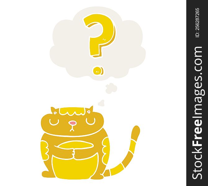 cartoon cat with question mark with thought bubble in retro style