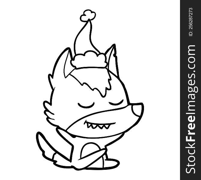 Friendly Line Drawing Of A Wolf Sitting Wearing Santa Hat