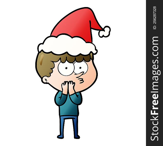 hand drawn gradient cartoon of a curious boy wearing santa hat