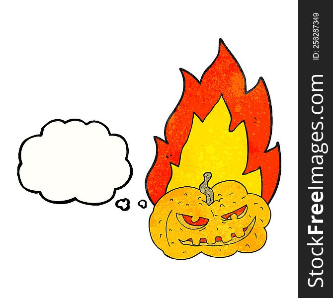 freehand drawn thought bubble textured cartoon flaming halloween pumpkin