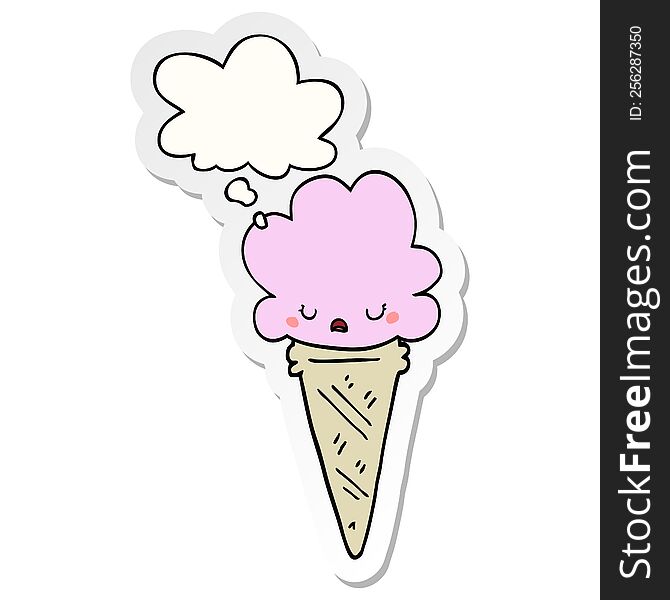 Cartoon Ice Cream With Face And Thought Bubble As A Printed Sticker