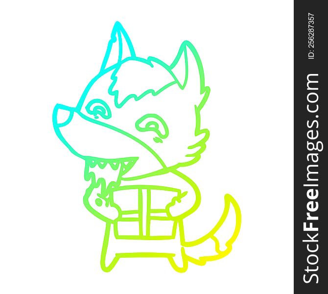 cold gradient line drawing of a cartoon hungry wolf holding christmas present