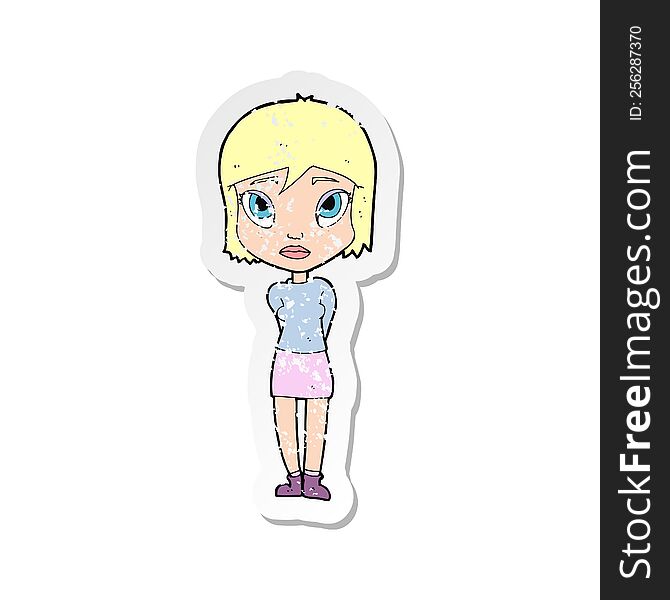 retro distressed sticker of a cartoon shy girl