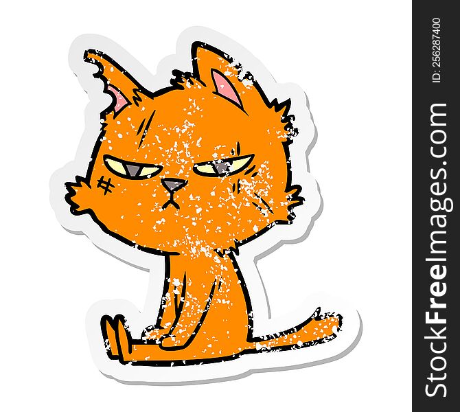 distressed sticker of a tough cartoon cat sitting
