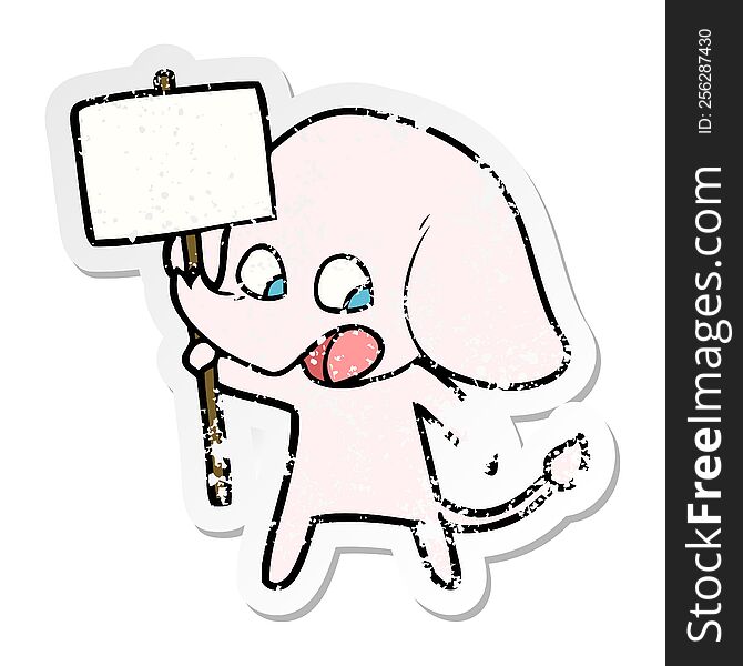 Distressed Sticker Of A Cute Cartoon Elephant Holding Placard