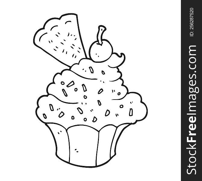 freehand drawn black and white cartoon cupcake