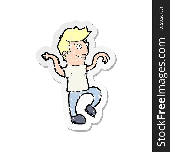 retro distressed sticker of a cartoon happy man doing funny dance