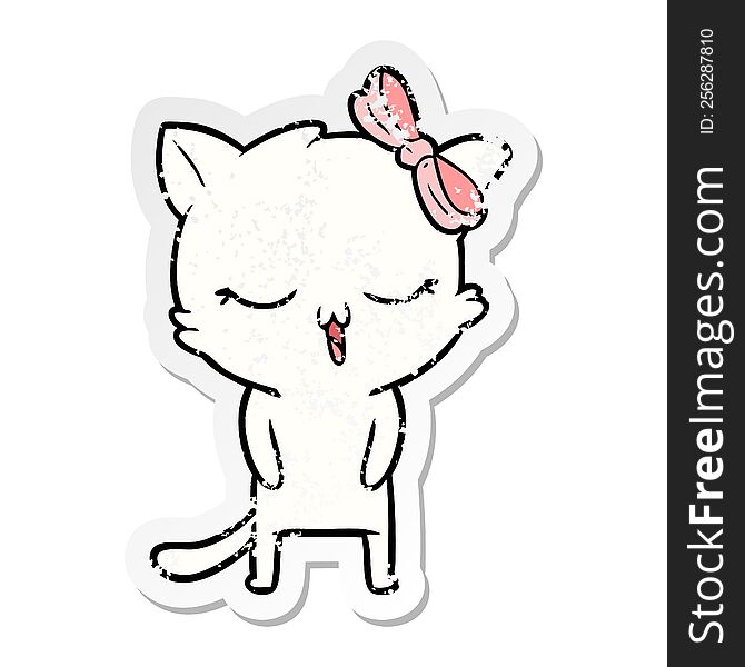 distressed sticker of a cartoon cat with bow on head