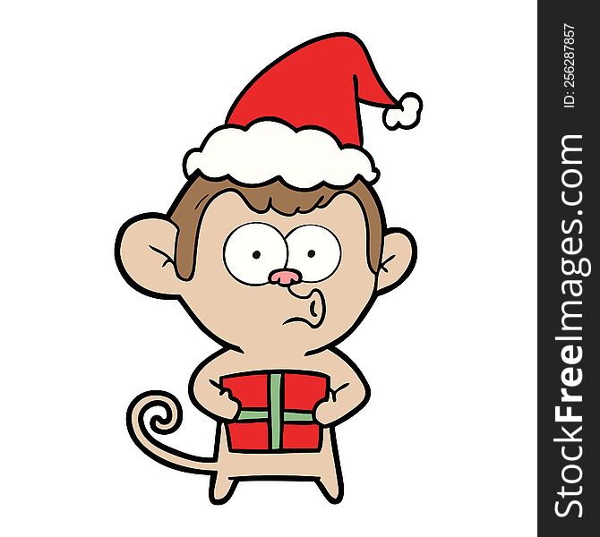 hand drawn line drawing of a christmas monkey wearing santa hat