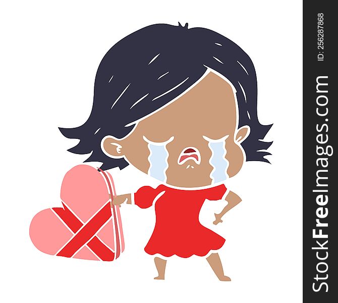 flat color style cartoon girl crying over valentines day present