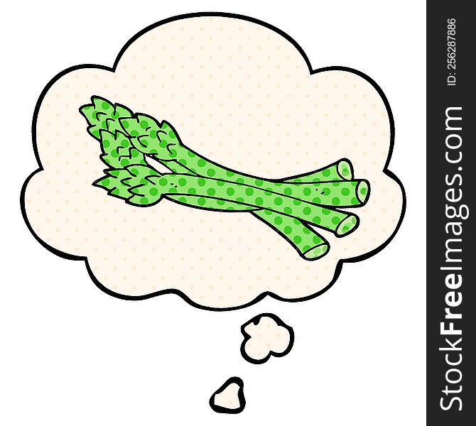 cartoon asparagus with thought bubble in comic book style