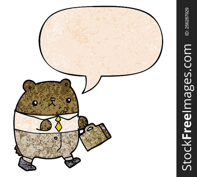 cartoon bear in work clothes with speech bubble in retro texture style