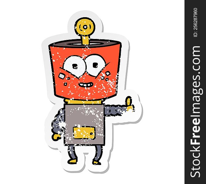 Distressed Sticker Of A Happy Cartoon Robot Giving Thumbs Up