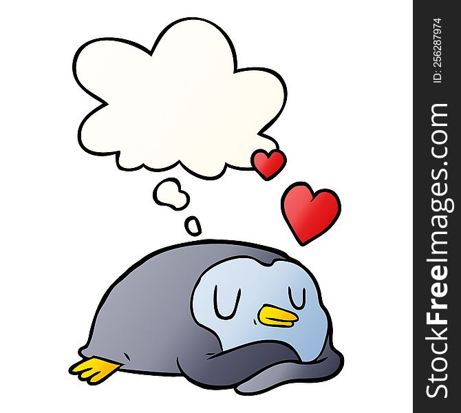Cartoon Penguin In Love And Thought Bubble In Smooth Gradient Style