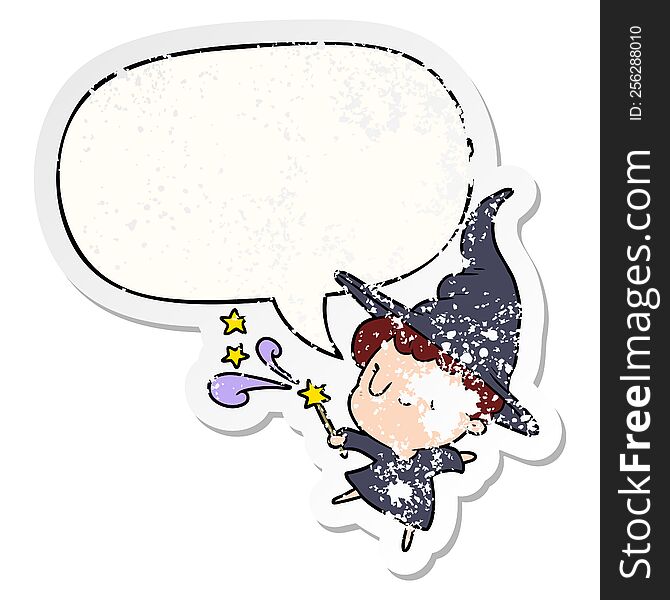 cute cartoon witch casting spell with speech bubble distressed distressed old sticker. cute cartoon witch casting spell with speech bubble distressed distressed old sticker