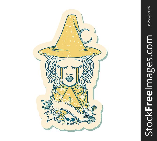 Crying Elf Mage Character Face With Natural One D20 Roll Illustration