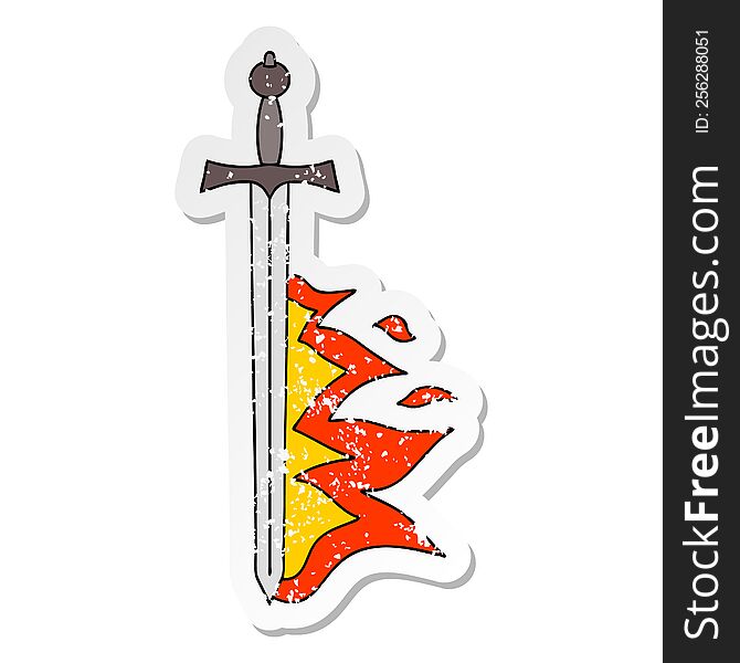 Distressed Sticker Of A Quirky Hand Drawn Cartoon Flaming Sword