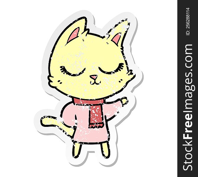 Distressed Sticker Of A Calm Cartoon Cat Wearing Scarf
