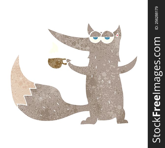 Retro Cartoon Wolf With Coffee Cup