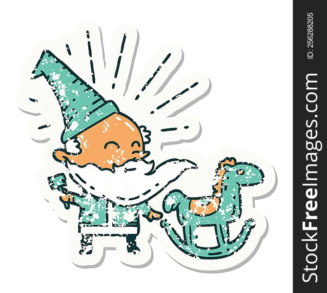 grunge sticker of tattoo style santa claus christmas character making toy