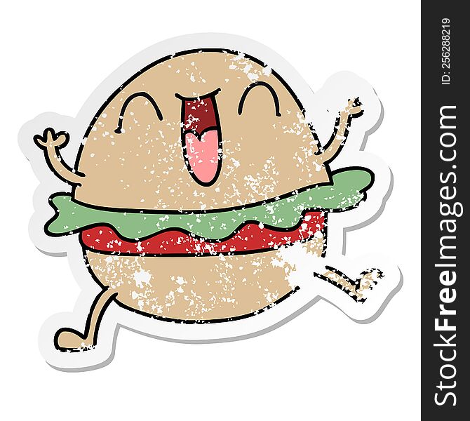 distressed sticker of a quirky hand drawn cartoon happy veggie burger