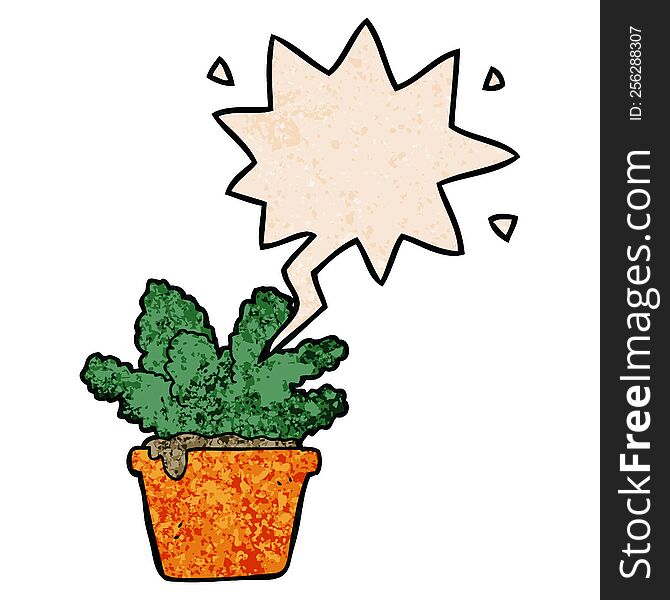 Cartoon House Plant And Speech Bubble In Retro Texture Style