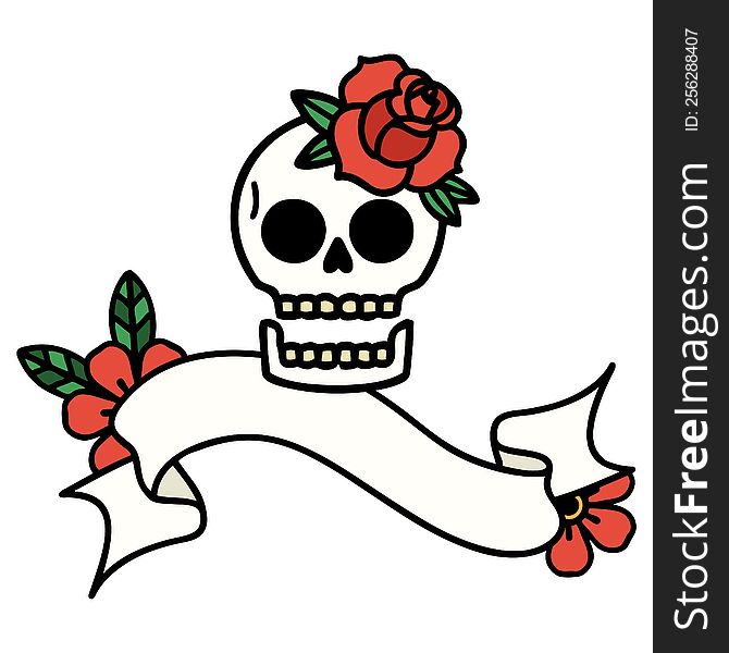 Tattoo With Banner Of A Skull And Rose