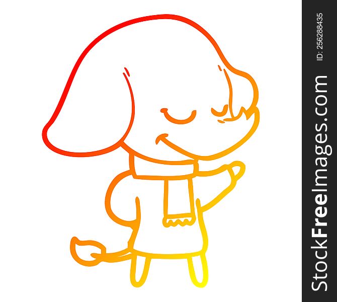 warm gradient line drawing of a cartoon smiling elephant wearing scarf