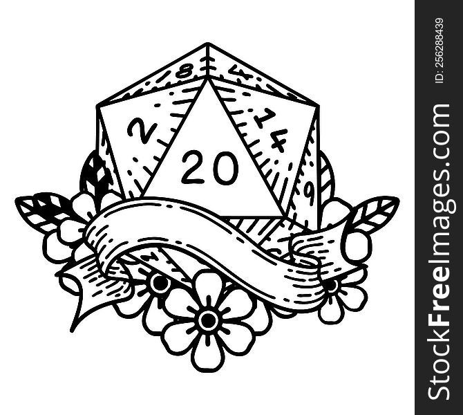 Black and White Tattoo linework Style natural twenty D20 dice roll. Black and White Tattoo linework Style natural twenty D20 dice roll