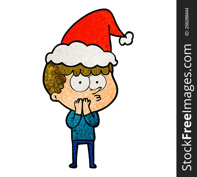 hand drawn textured cartoon of a curious boy wearing santa hat