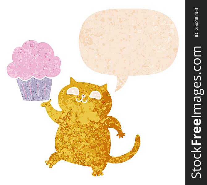 Cartoon Cat With Cupcake And Speech Bubble In Retro Textured Style