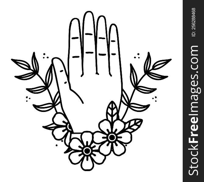 Black Line Tattoo Of A Hand And Flower