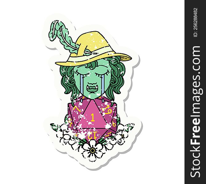 Sad Half Orc Bard Character With Natural One D20 Roll Grunge Sticker