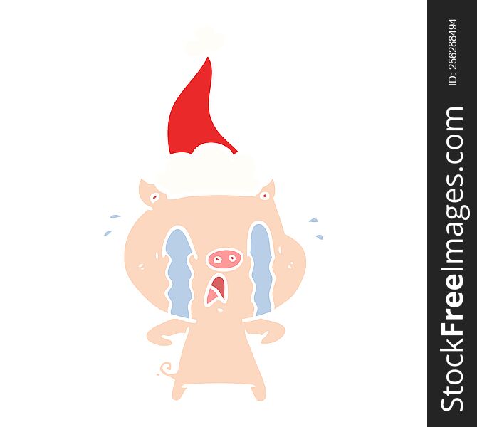 Crying Pig Flat Color Illustration Of A Wearing Santa Hat