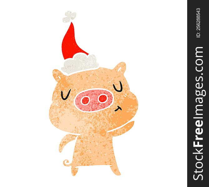 Retro Cartoon Of A Content Pig Wearing Santa Hat