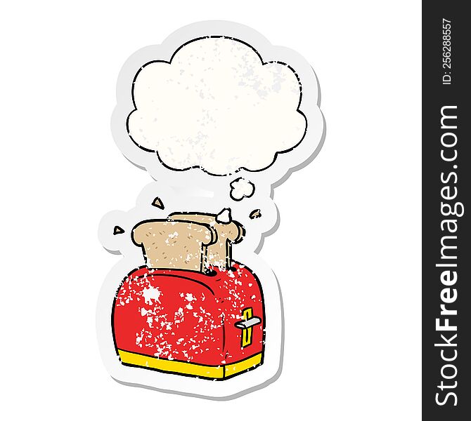 cartoon toaster and thought bubble as a distressed worn sticker