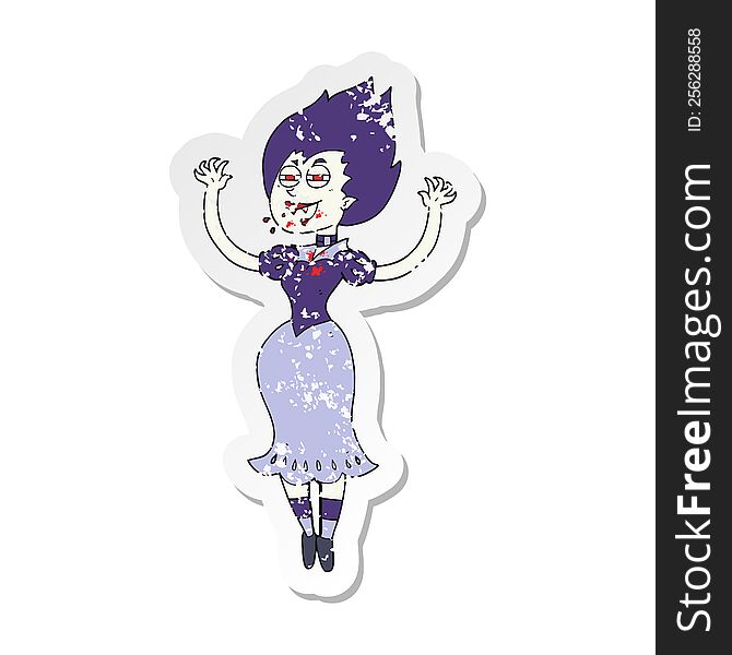 retro distressed sticker of a cartoon vampire girl with bloody mouth